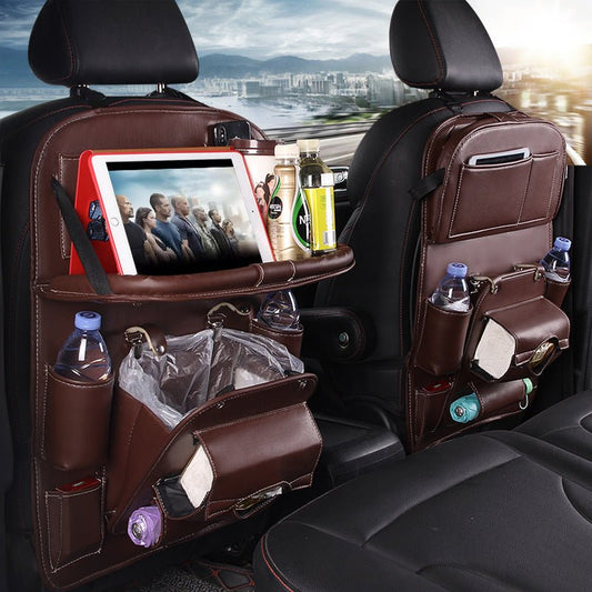 PU Leather Car Storage Bag Multifunction Seat Back Tray Hanging Bag Waterproof Car Organizer Automotive Interior Accessories - WAREHOUSE SHOP