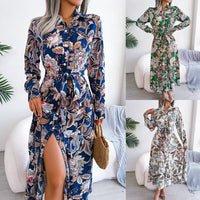 Retro Floral Stand Collar Belted Shirt Dress Long Skirt Women's Fashion Full Sleeve Regular Waistline Ankle - Length - WAREHOUSE SHOP