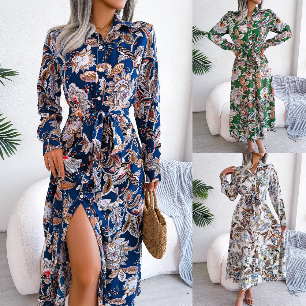 Retro Floral Stand Collar Belted Shirt Dress Long Skirt Women's Fashion Full Sleeve Regular Waistline Ankle - Length - WAREHOUSE SHOP