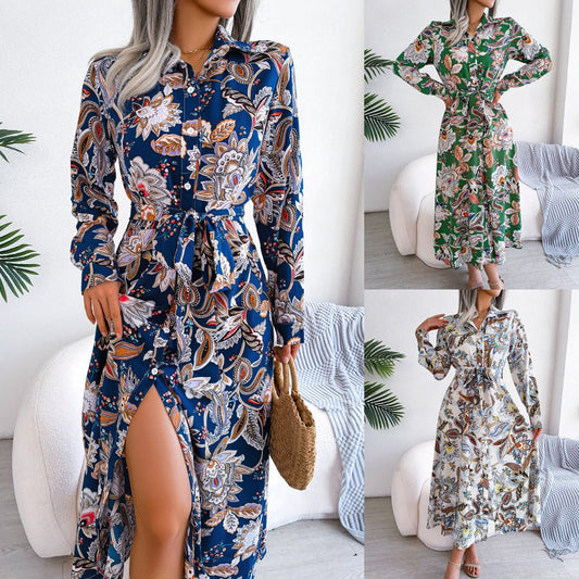 Retro Floral Stand Collar Belted Shirt Dress Long Skirt Women's Fashion Full Sleeve Regular Waistline Ankle - Length - WAREHOUSE SHOP