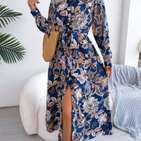 Retro Floral Stand Collar Belted Shirt Dress Long Skirt Women's Fashion Full Sleeve Regular Waistline Ankle - Length - WAREHOUSE SHOP