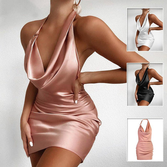 Satin Party Dress V Neck Backless Mini Sleeveless Summer Party Dress - WAREHOUSE SHOP