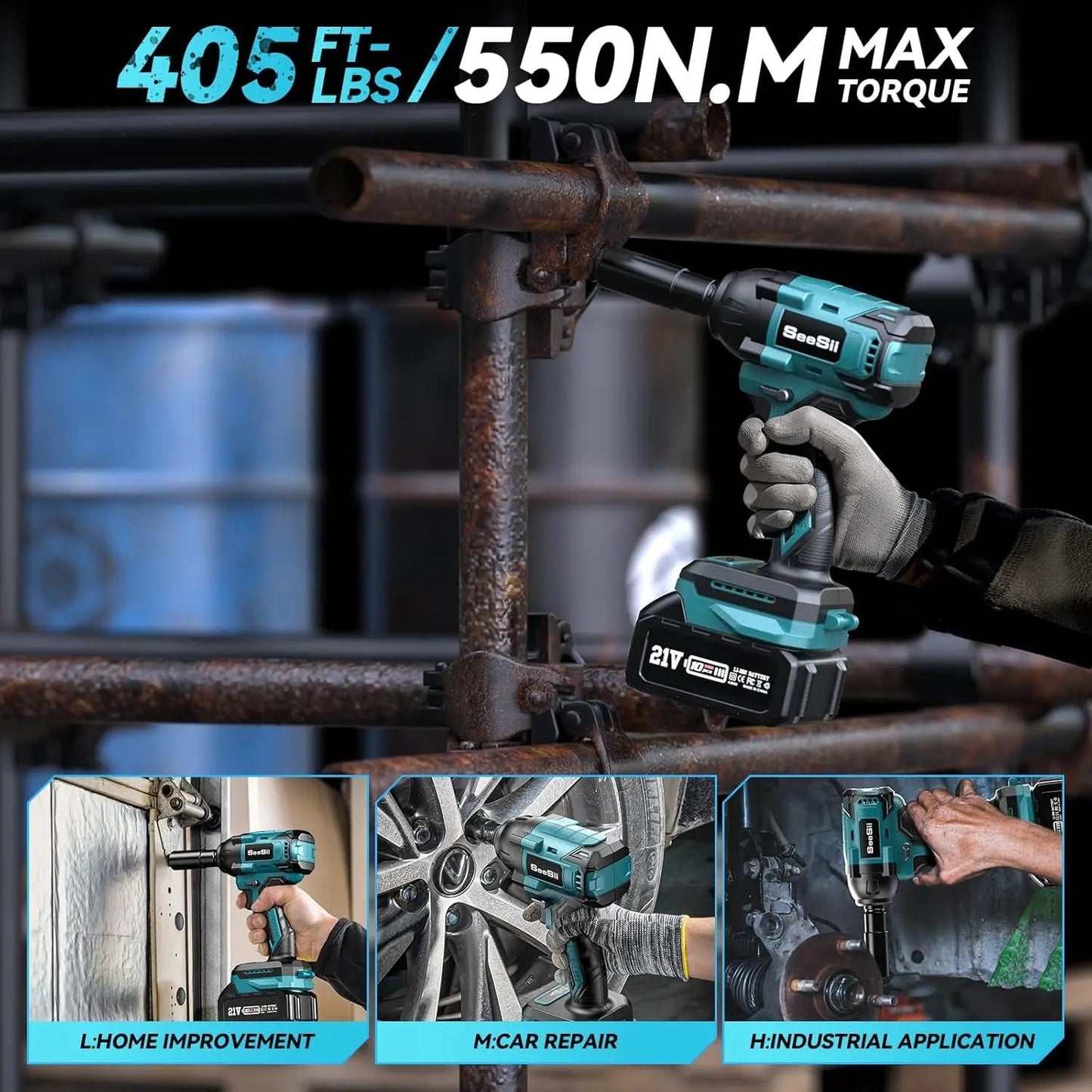 Seesii Impact Wrench Cordless 550N.m Power Impact Gun 1/2 Inch 3300RPM Electric Wrench WH550 4.0Ah Battery for Makita Car Repair - WAREHOUSE SHOP