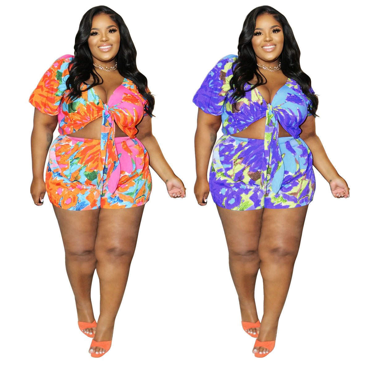 Sexy Casual Hollow Out Tied Digital Printed Two - piece Suit - WAREHOUSE SHOP