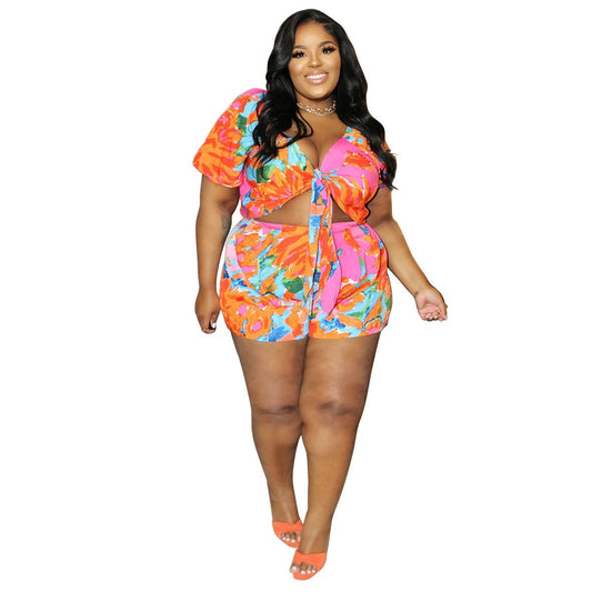Sexy Casual Hollow Out Tied Digital Printed Two - piece Suit - WAREHOUSE SHOP