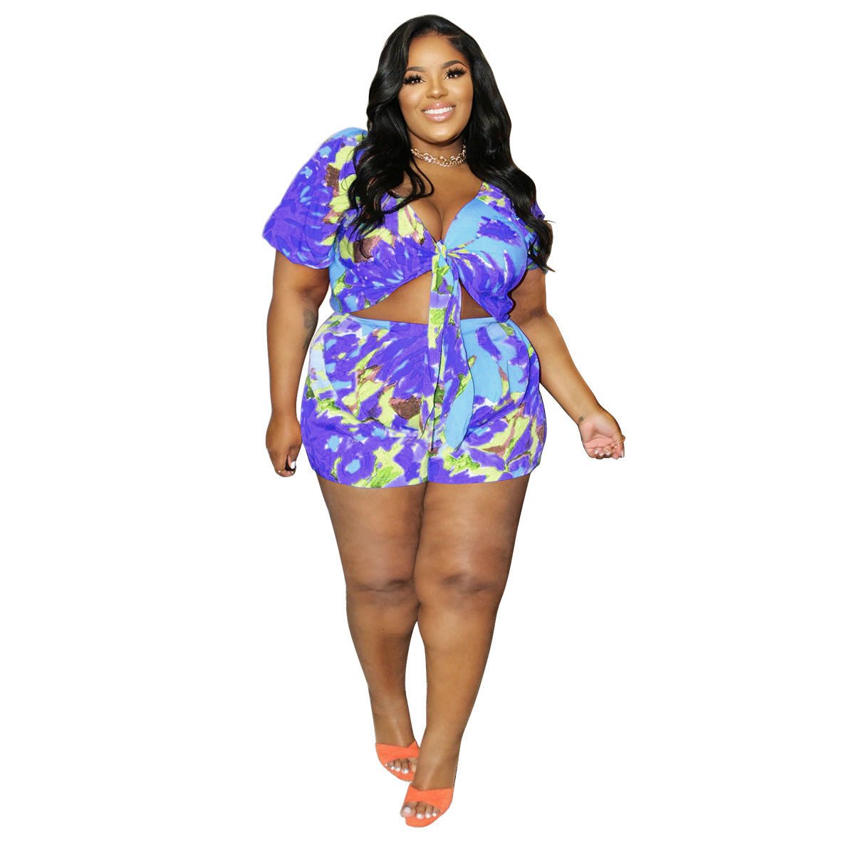 Sexy Casual Hollow Out Tied Digital Printed Two - piece Suit - WAREHOUSE SHOP