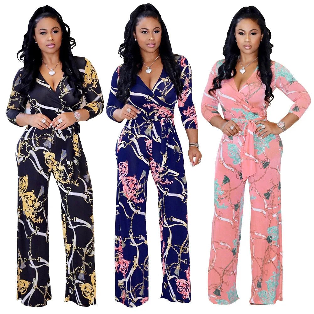 Sexy women jumpsuit V - neck long sleeved printed jumpsuit For Women - WAREHOUSE SHOP