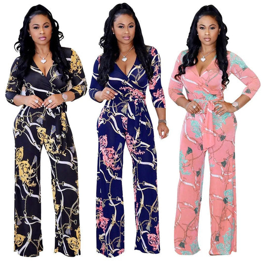 Sexy women jumpsuit V - neck long sleeved printed jumpsuit For Women - WAREHOUSE SHOP