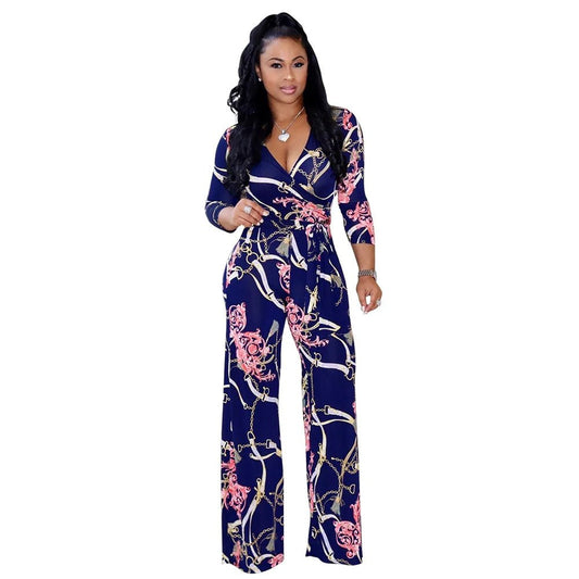 Sexy women jumpsuit V - neck long sleeved printed jumpsuit For Women - WAREHOUSE SHOP