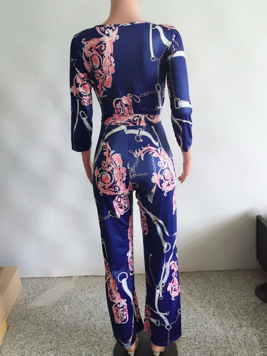 Sexy women jumpsuit V - neck long sleeved printed jumpsuit For Women - WAREHOUSE SHOP