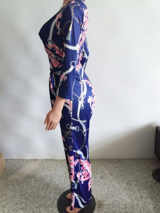 Sexy women jumpsuit V - neck long sleeved printed jumpsuit For Women - WAREHOUSE SHOP