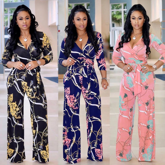 Sexy women jumpsuit V - neck long sleeved printed jumpsuit For Women - WAREHOUSE SHOP