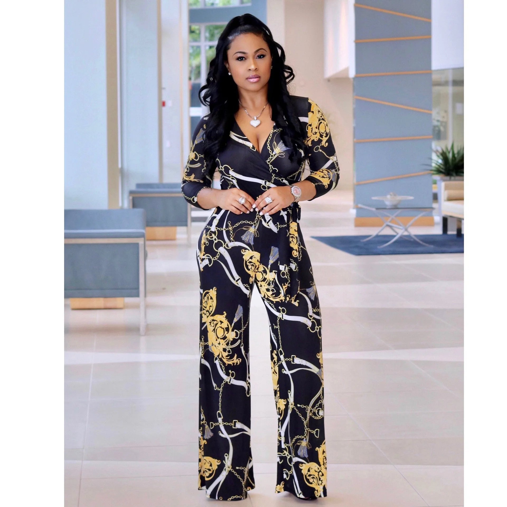 Sexy women jumpsuit V - neck long sleeved printed jumpsuit For Women - WAREHOUSE SHOP