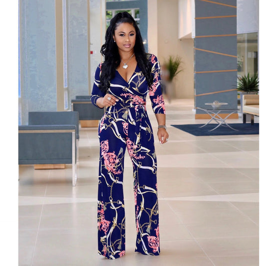 Sexy women jumpsuit V - neck long sleeved printed jumpsuit For Women - WAREHOUSE SHOP