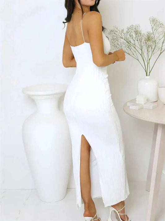 Sexy Women Long Dress Ruched Sleeveless Slim Solid Summer Party Back Split Dress Clubwear Female Vestido Outfits - WAREHOUSE SHOP