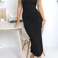 Sexy Women Long Dress Ruched Sleeveless Slim Solid Summer Party Back Split Dress Clubwear Female Vestido Outfits - WAREHOUSE SHOP