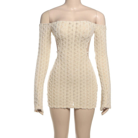 Solid Color High Waist Slim Fit Backless Off - shoulder Dress - WAREHOUSE SHOP