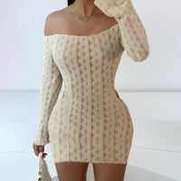 Solid Color High Waist Slim Fit Backless Off - shoulder Dress - WAREHOUSE SHOP