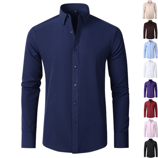 Solid Long Sleeve Shirt Fashion Slim Lapel Button Office Business Shirt Men's Clothing - WAREHOUSE SHOP