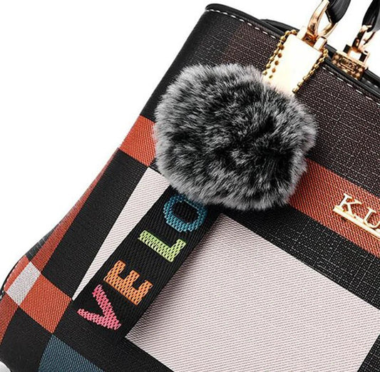Stylish women’s designer handbag in PU leather with hairball detail, versatile crossbody and top - handle design, perfect for daily use. - WAREHOUSE SHOP
