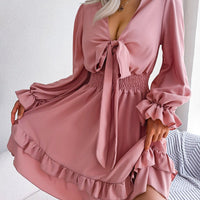 Summer Dresses Solid Color V - neck Long Sleeve Dress For Women Sexy V - neck Lace Up A - line Dress Women's Beach Dress - WAREHOUSE SHOP
