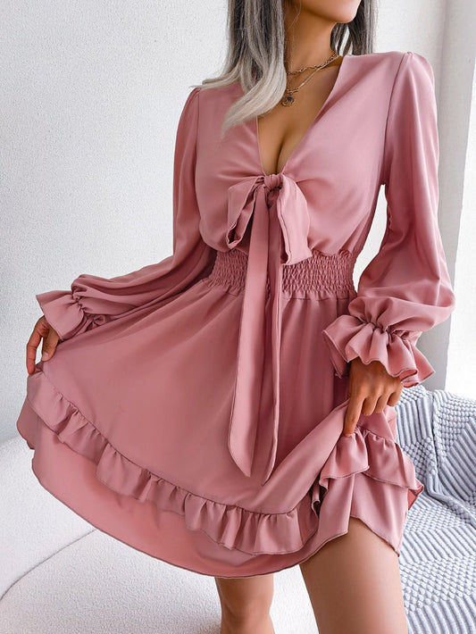 Summer Dresses Solid Color V - neck Long Sleeve Dress For Women Sexy V - neck Lace Up A - line Dress Women's Beach Dress - WAREHOUSE SHOP