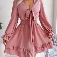 Summer Dresses Solid Color V - neck Long Sleeve Dress For Women Sexy V - neck Lace Up A - line Dress Women's Beach Dress - WAREHOUSE SHOP