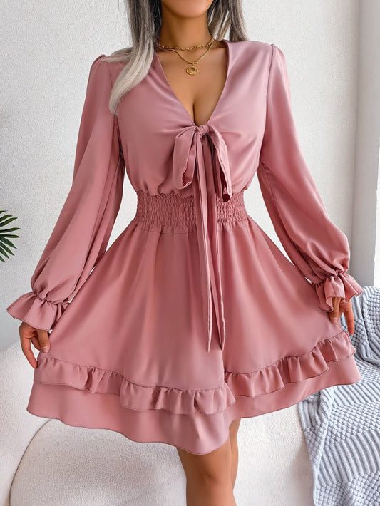 Summer Dresses Solid Color V - neck Long Sleeve Dress For Women Sexy V - neck Lace Up A - line Dress Women's Beach Dress - WAREHOUSE SHOP