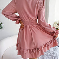 Summer Dresses Solid Color V - neck Long Sleeve Dress For Women Sexy V - neck Lace Up A - line Dress Women's Beach Dress - WAREHOUSE SHOP