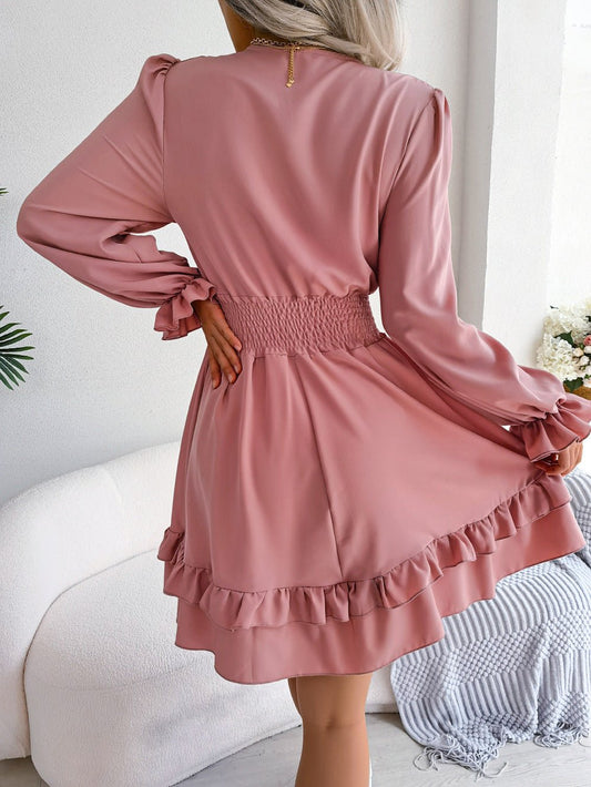 Summer Dresses Solid Color V - neck Long Sleeve Dress For Women Sexy V - neck Lace Up A - line Dress Women's Beach Dress - WAREHOUSE SHOP