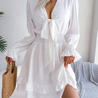 Summer Dresses Solid Color V - neck Long Sleeve Dress For Women Sexy V - neck Lace Up A - line Dress Women's Beach Dress - WAREHOUSE SHOP