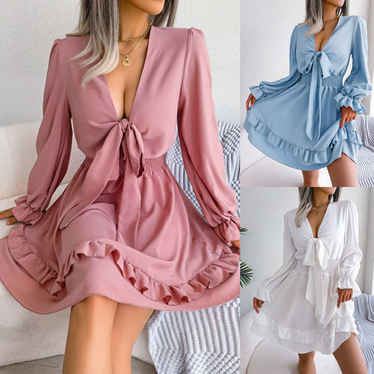 Summer Dresses Solid Color V - neck Long Sleeve Dress For Women Sexy V - neck Lace Up A - line Dress Women's Beach Dress - WAREHOUSE SHOP