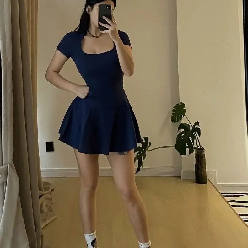 Summer New Pure Desire Square Collar Short Sleeve Bodycon A - Line Mini Skirt Dress Polyester Fiber Regular Sleeve Length - WAREHOUSE SHOP