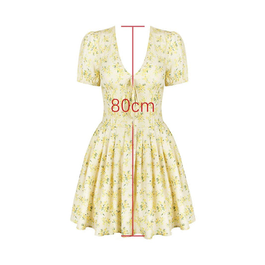 Talenza Printed V - Neck Short Sleeve Mini Dress Women's Summer Sexy Floral Pleated Party A - Line Dress High Waist Slim Mini Dress - WAREHOUSE SHOP