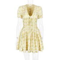 Talenza Printed V - Neck Short Sleeve Mini Dress Women's Summer Sexy Floral Pleated Party A - Line Dress High Waist Slim Mini Dress - WAREHOUSE SHOP
