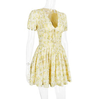 Talenza Printed V - Neck Short Sleeve Mini Dress Women's Summer Sexy Floral Pleated Party A - Line Dress High Waist Slim Mini Dress - WAREHOUSE SHOP