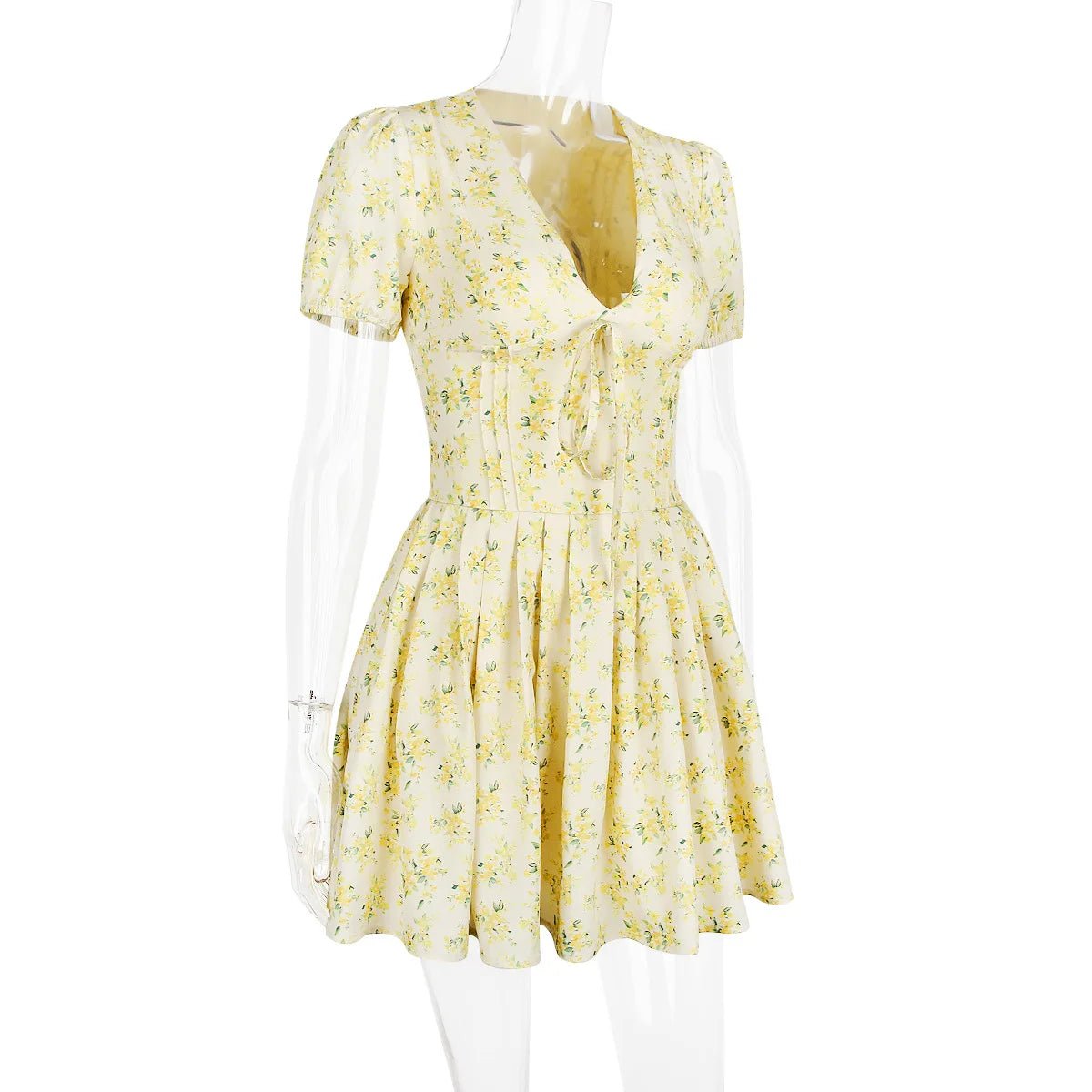 Talenza Printed V - Neck Short Sleeve Mini Dress Women's Summer Sexy Floral Pleated Party A - Line Dress High Waist Slim Mini Dress - WAREHOUSE SHOP