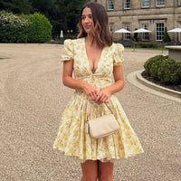 Talenza Printed V - Neck Short Sleeve Mini Dress Women's Summer Sexy Floral Pleated Party A - Line Dress High Waist Slim Mini Dress - WAREHOUSE SHOP