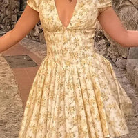 Talenza Printed V - Neck Short Sleeve Mini Dress Women's Summer Sexy Floral Pleated Party A - Line Dress High Waist Slim Mini Dress - WAREHOUSE SHOP