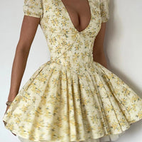 Talenza Printed V - Neck Short Sleeve Mini Dress Women's Summer Sexy Floral Pleated Party A - Line Dress High Waist Slim Mini Dress - WAREHOUSE SHOP