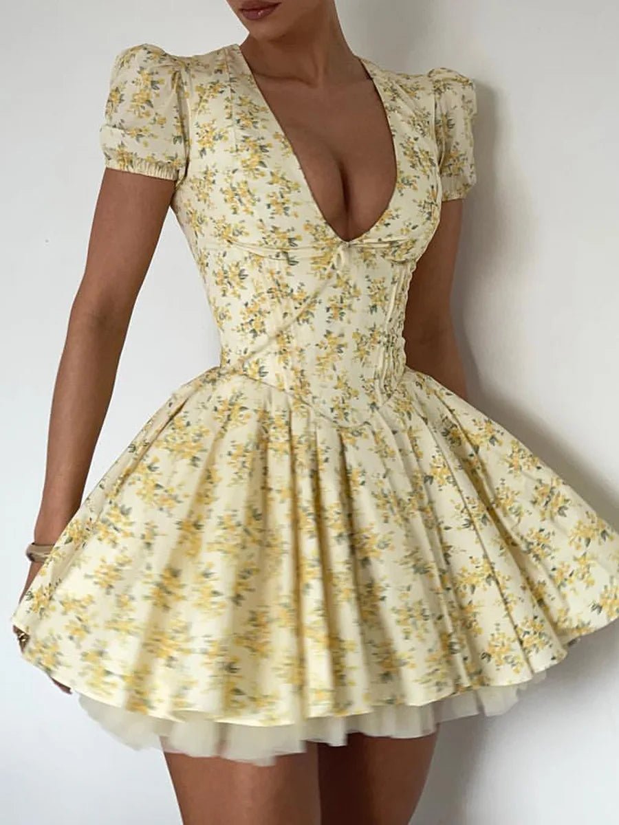Talenza Printed V - Neck Short Sleeve Mini Dress Women's Summer Sexy Floral Pleated Party A - Line Dress High Waist Slim Mini Dress - WAREHOUSE SHOP