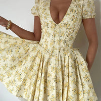 Talenza Printed V - Neck Short Sleeve Mini Dress Women's Summer Sexy Floral Pleated Party A - Line Dress High Waist Slim Mini Dress - WAREHOUSE SHOP