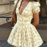 Talenza Printed V - Neck Short Sleeve Mini Dress Women's Summer Sexy Floral Pleated Party A - Line Dress High Waist Slim Mini Dress - WAREHOUSE SHOP