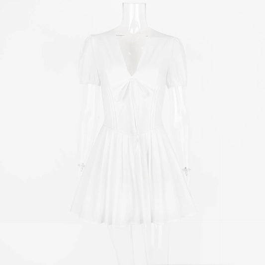 Talenza Printed V - Neck Short Sleeve Mini Dress Women's Summer Sexy Floral Pleated Party A - Line Dress High Waist Slim Mini Dress - WAREHOUSE SHOP