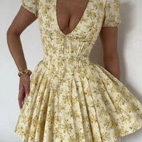 Talenza Printed V - Neck Short Sleeve Mini Dress Women's Summer Sexy Floral Pleated Party A - Line Dress High Waist Slim Mini Dress - WAREHOUSE SHOP