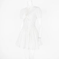 Talenza Printed V - Neck Short Sleeve Mini Dress Women's Summer Sexy Floral Pleated Party A - Line Dress High Waist Slim Mini Dress - WAREHOUSE SHOP