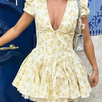 Talenza Printed V - Neck Short Sleeve Mini Dress Women's Summer Sexy Floral Pleated Party A - Line Dress High Waist Slim Mini Dress - WAREHOUSE SHOP