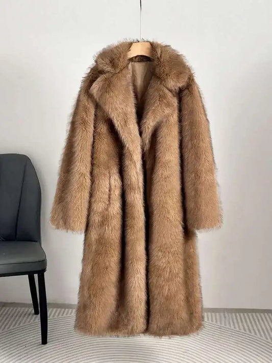 UCXQ elegant women’s faux fur winter coat with lapel collar, soft warm fabric, and loose casual silhouette - WAREHOUSE SHOP