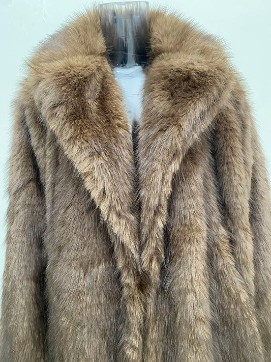 UCXQ elegant women’s faux fur winter coat with lapel collar, soft warm fabric, and loose casual silhouette - WAREHOUSE SHOP