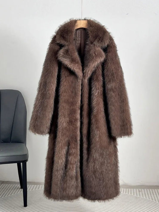 UCXQ elegant women’s faux fur winter coat with lapel collar, soft warm fabric, and loose casual silhouette - WAREHOUSE SHOP